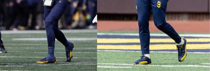 Michigan Wolverines quarterback J.J. McCarthy's navy and maze Air Jordan cleats.